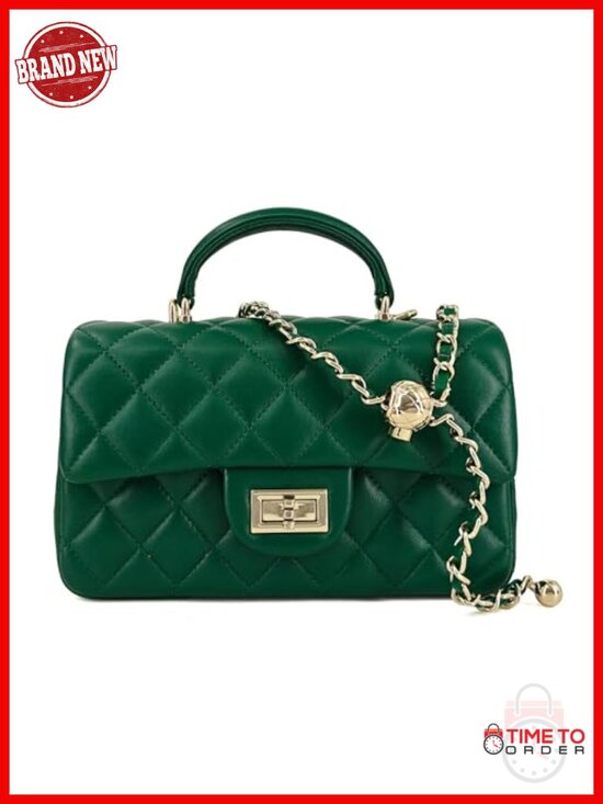 Handbags - Small Quilted Genuine Leather Crossbody Bag with Chain Strap